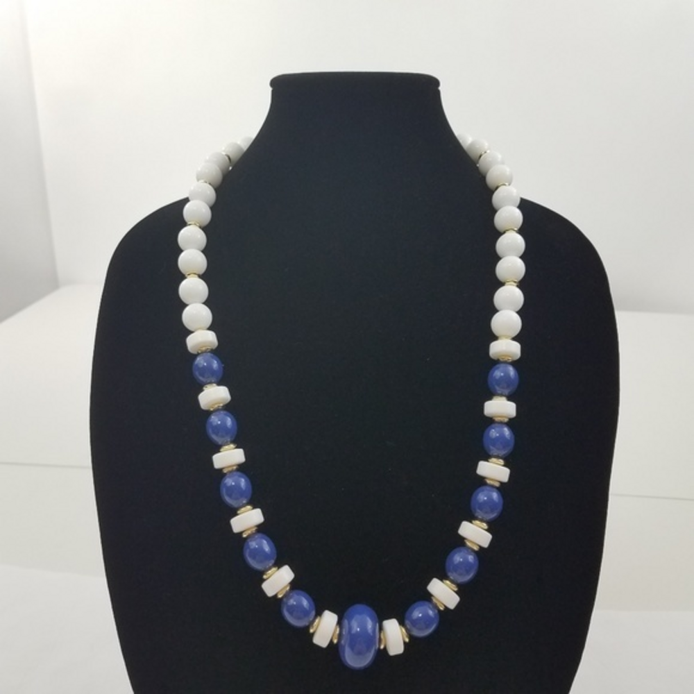 Beaded Necklace Vintage Retro‎ Blue White Gold Tone